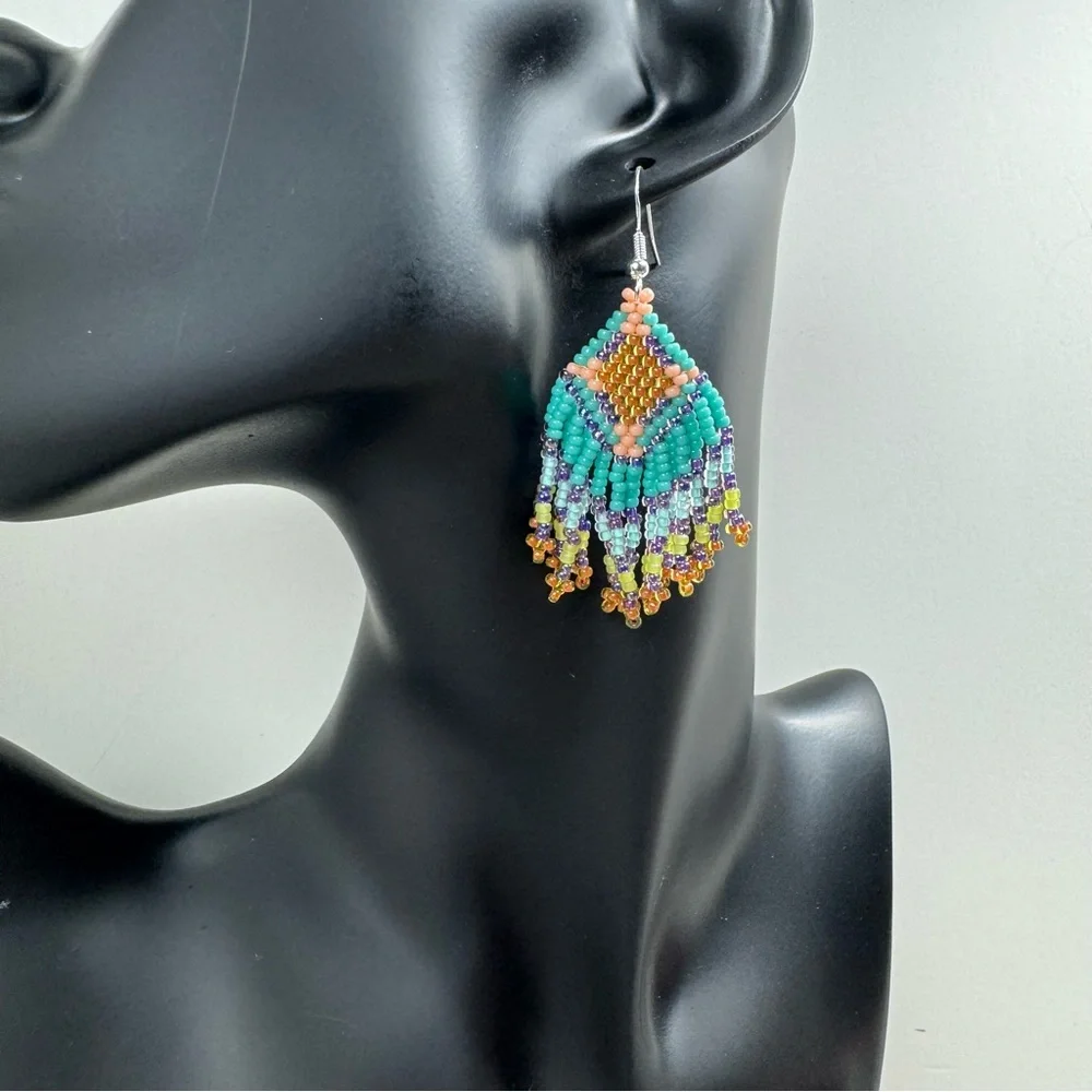 Handmade Seed‎ Bead Beaded Earrings Native American Themed 2.5” Long Multicolor